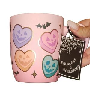Cobwebs & Cauldrons Pink Soft Touch Conversation Heart Pumpkins Mug